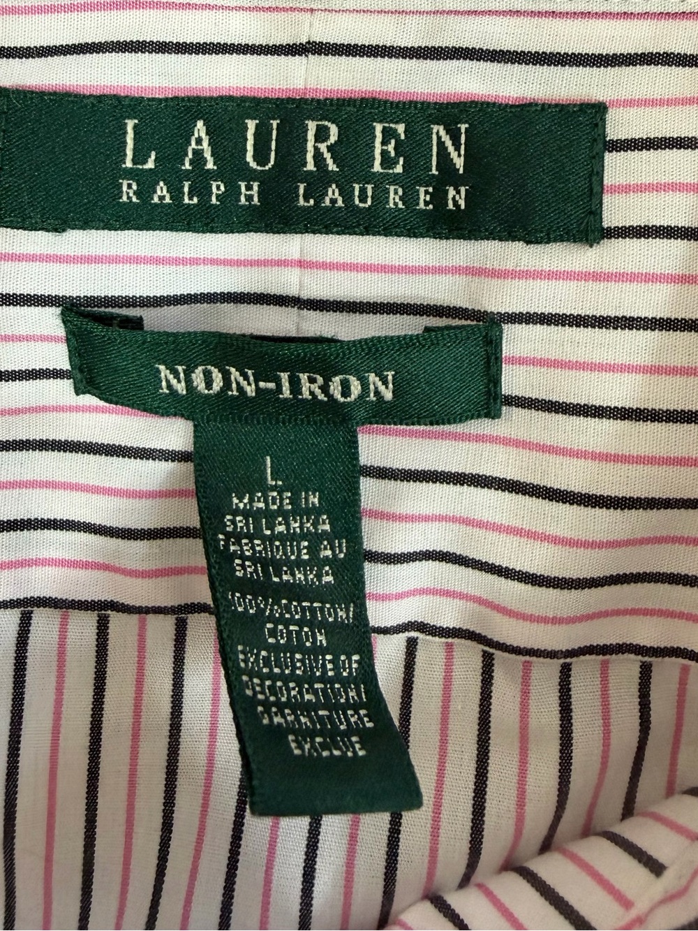 Lauren Ralph Lauren Shirt L Pink Black Pinstripe 100% Cotton Non Iron Preppy - Picture 10 of 10